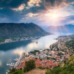 Panoramic landscape Kotor bay in Montenegro at sunset. Dramatic