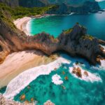 Queen's Beach in Montenegro's Milocer. Fantastic Rocky shore and water waves may be seen from above in Montenegro. Generative AI